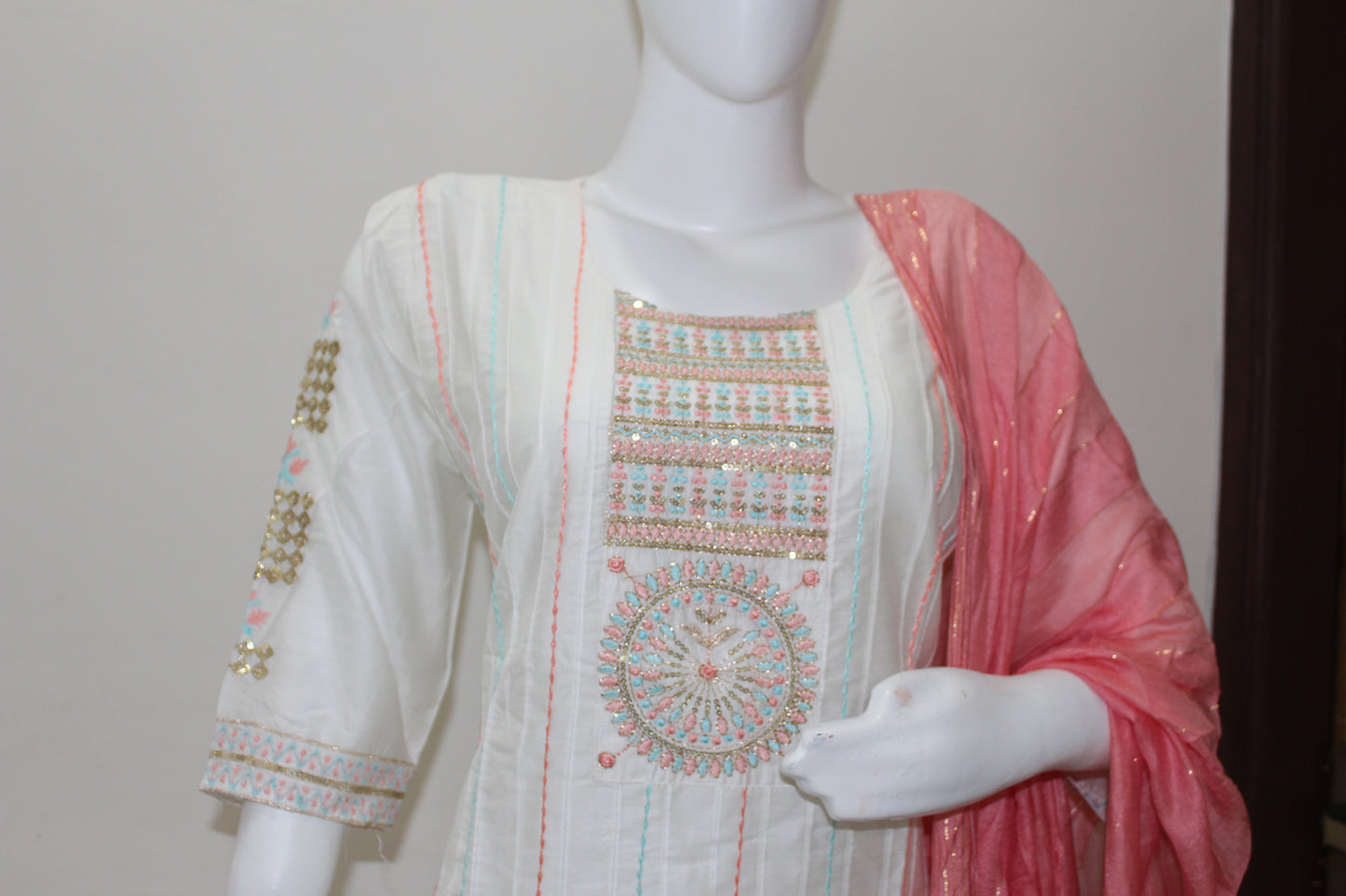 off white Suit with Peach Dupatta