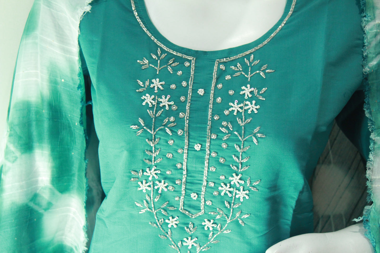 Roman Silk Green Color Embroided Suit with Tie & Dye Dupatta