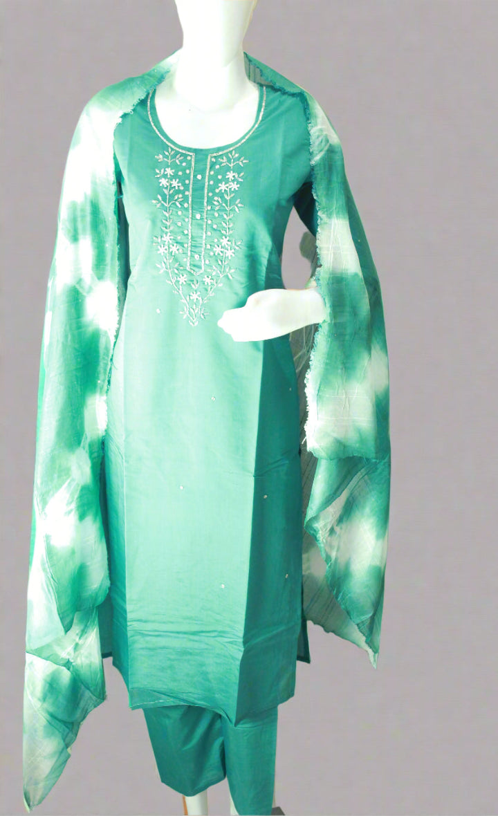 Roman Silk Green Color Embroided Suit with Tie & Dye Dupatta