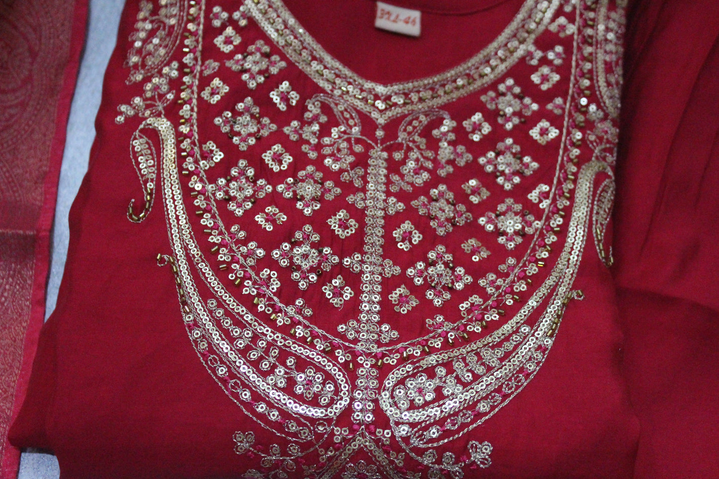 RED SILK WITH GOLDEN ZARI