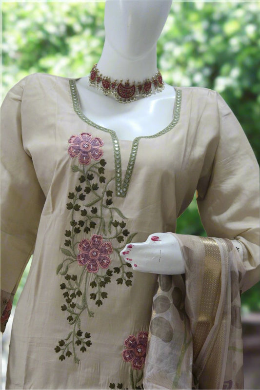 Mia offwhite  classy threadwork floral with printed dupatta