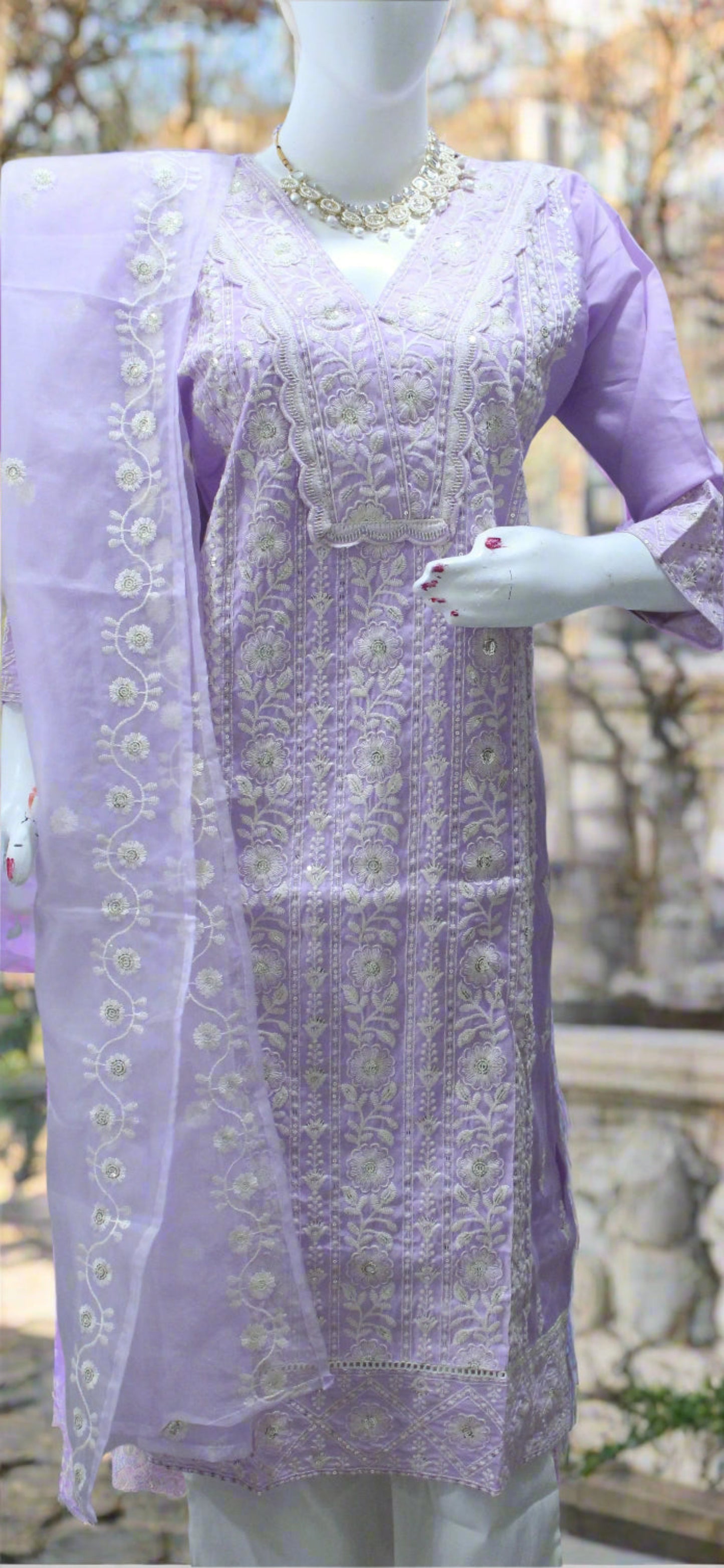 Shriyaani white thread cotton blend liliac ( purple  kurti set