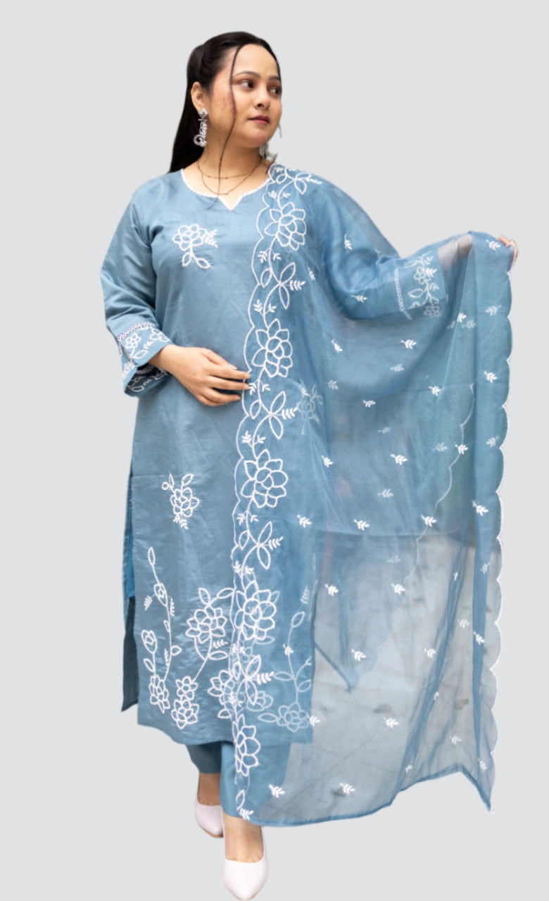 Blue Pakistani embrioded kurta set