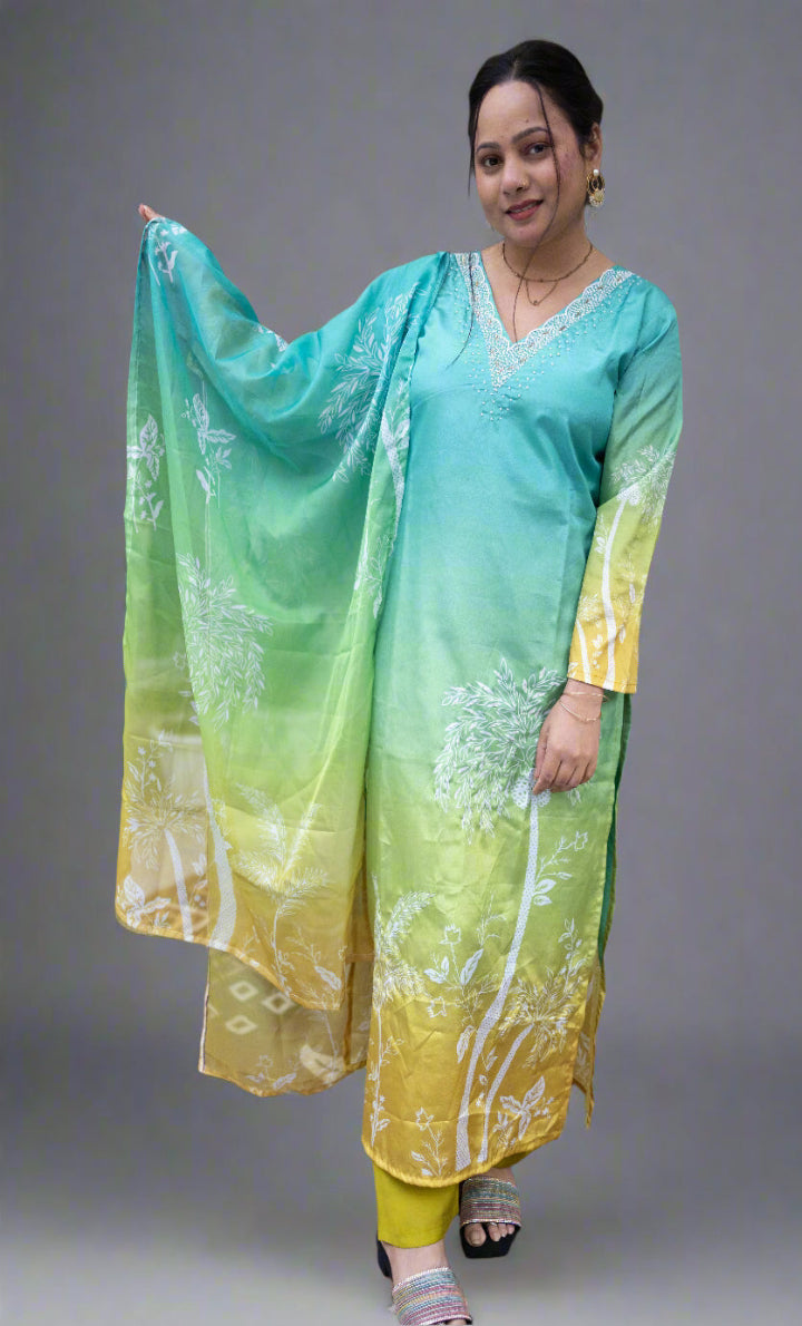 Green  ombre Embrioded Silk kurta set for everyday Officewear