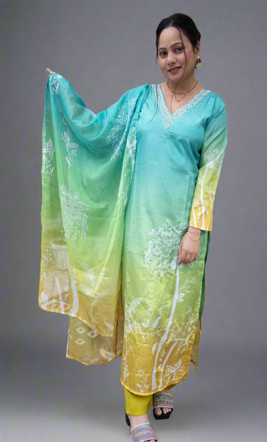 Green  ombre Embrioded Silk kurta set for everyday Officewear