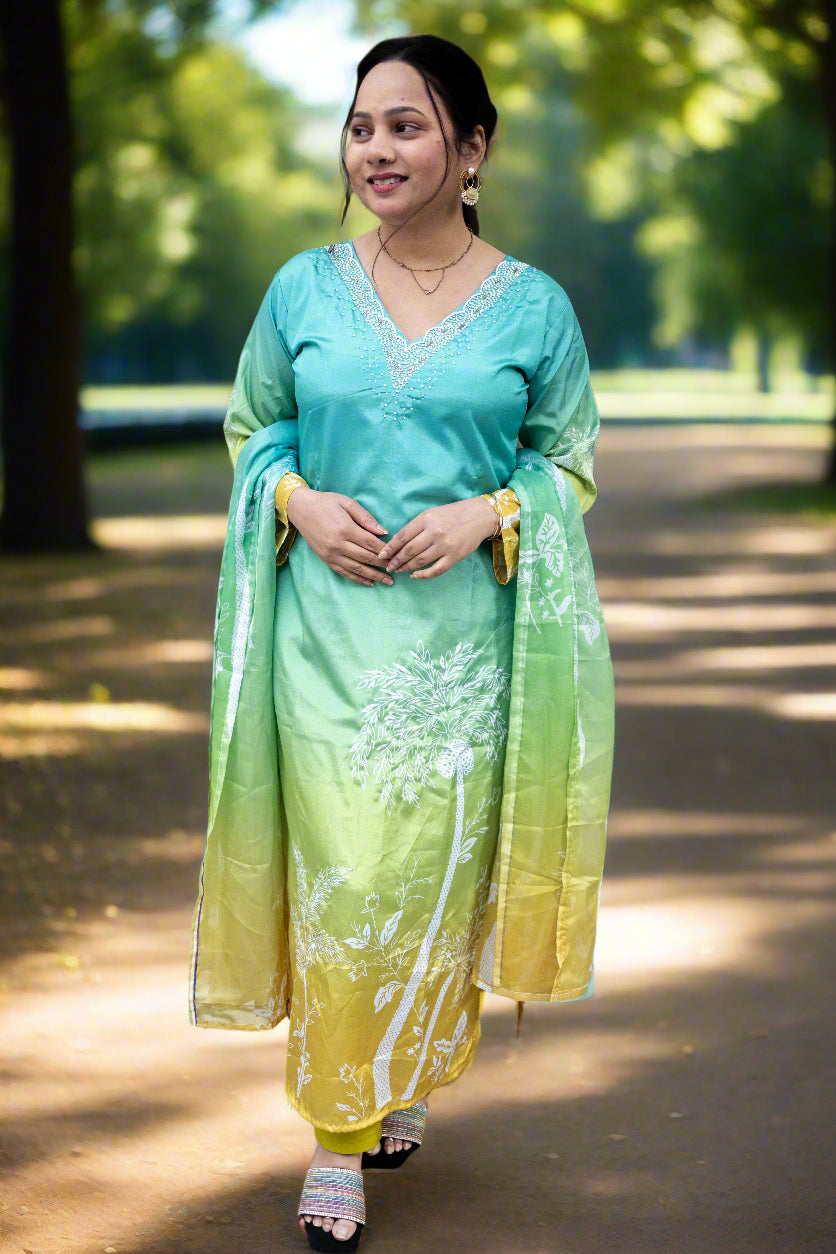 Green  ombre Embrioded Silk kurta set for everyday Officewear