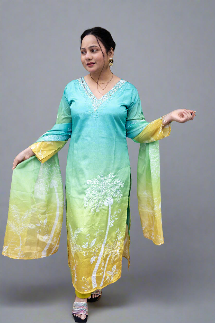 Green  ombre Embrioded Silk kurta set for everyday Officewear