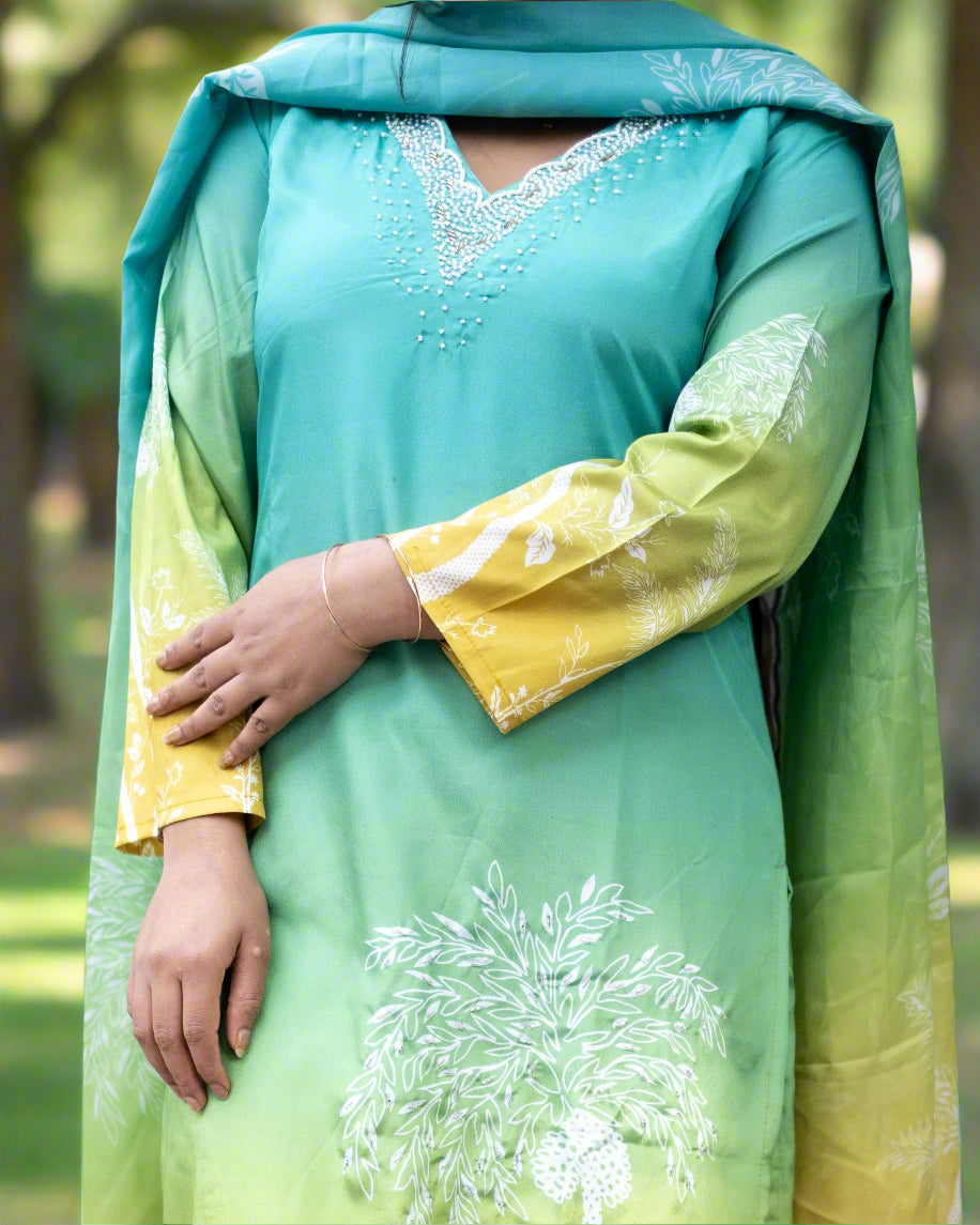 Green  ombre Embrioded Silk kurta set for everyday Officewear