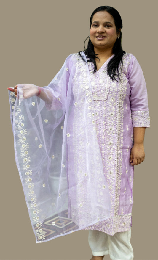 Shriyaani white thread cotton blend liliac ( purple  kurti set