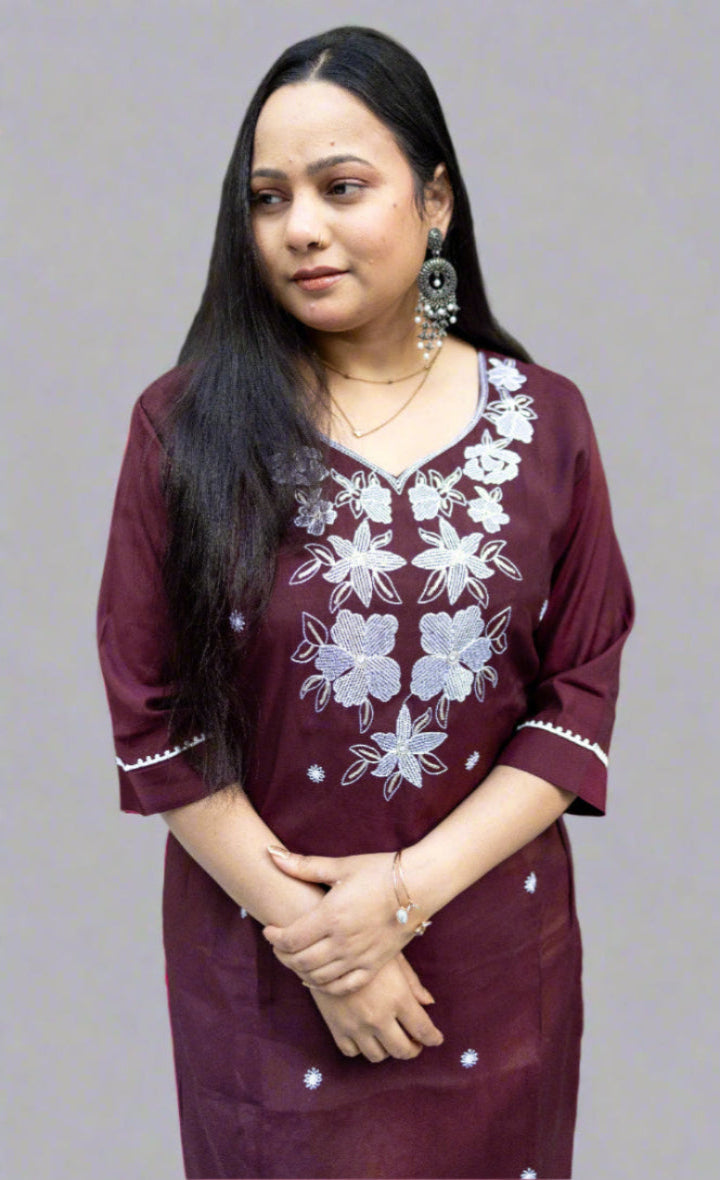 Brown Embrioded silk kurti for everyday Officewear