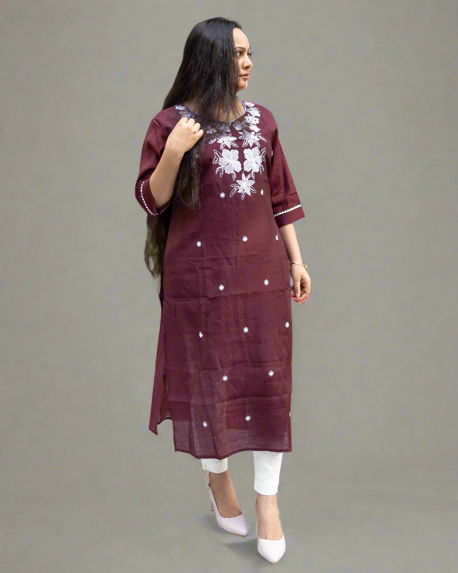 Brown Embrioded silk kurti for everyday Officewear