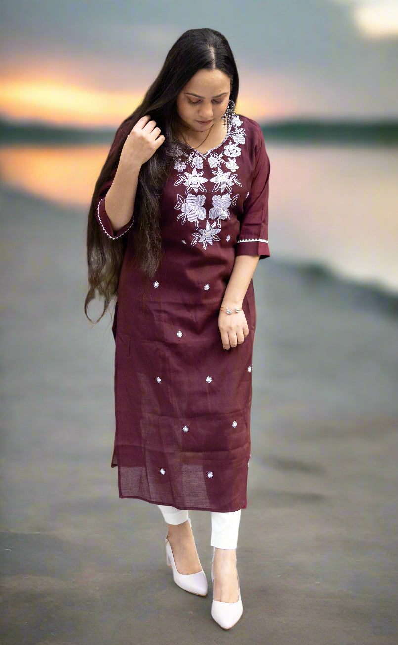 Brown Embrioded silk kurti for everyday Officewear