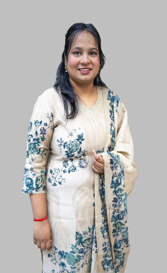 shriyaani Biege and blue masleen kurta set for office