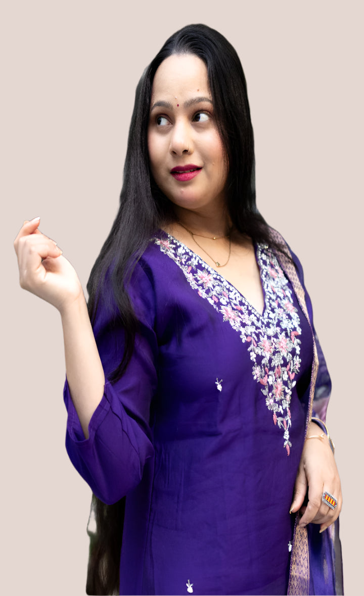 karishma purple silk blend kurti set for office/festive