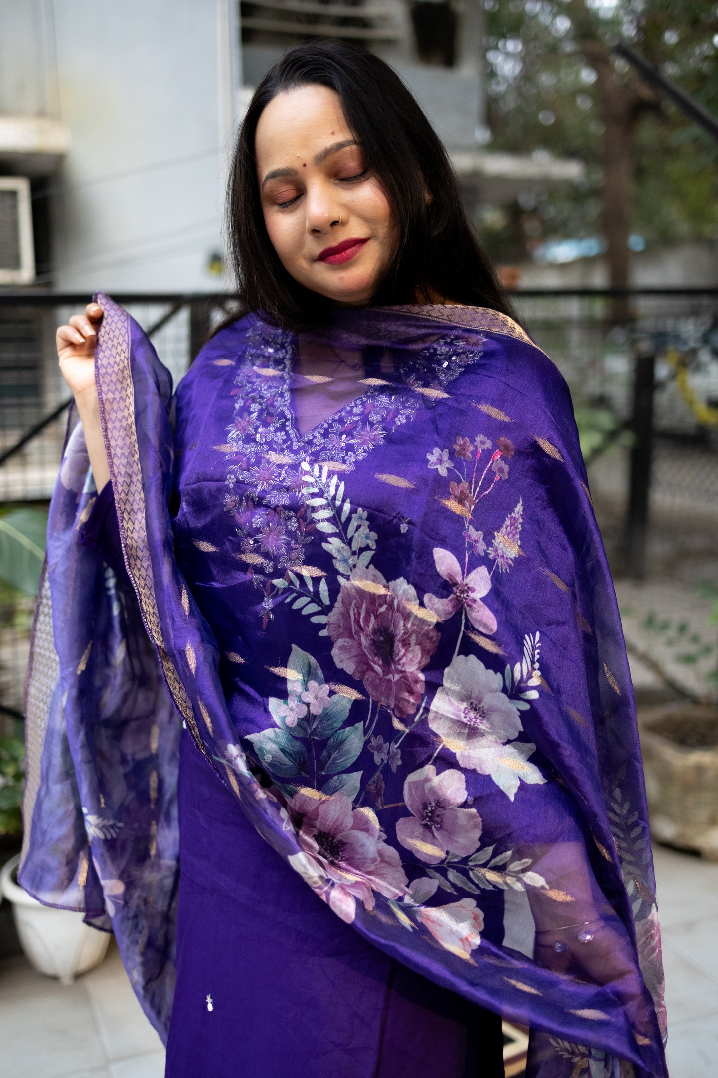 karishma purple silk blend kurti set for office/festive