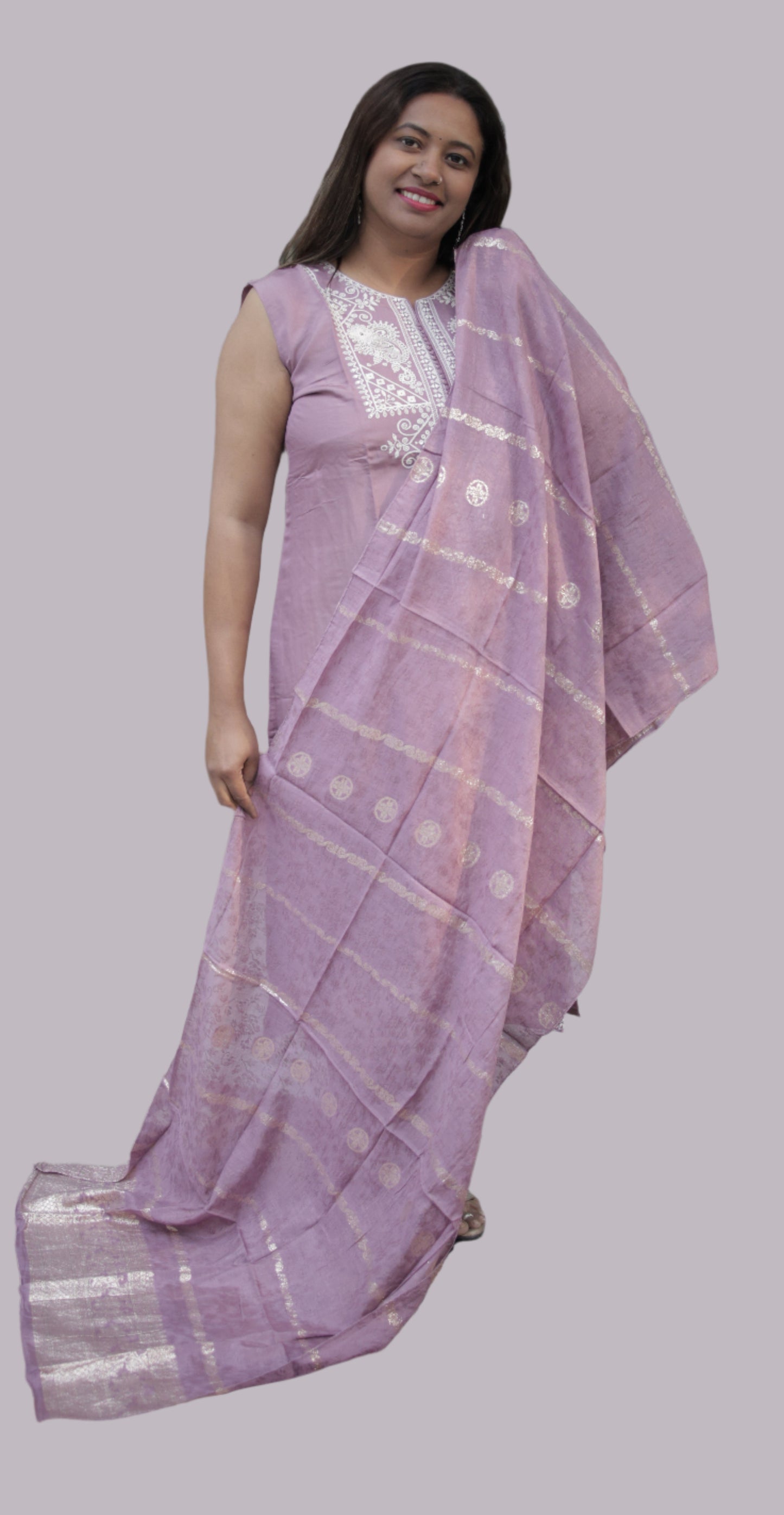 Shriyaani Mauve Embroidered Silk Straight Kurta With Palazzos & Dupatta