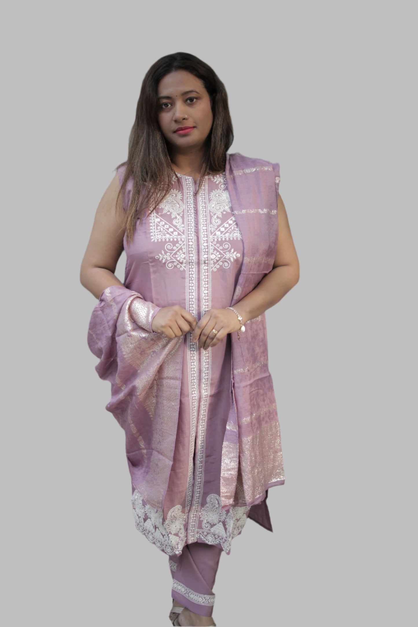 Shriyaani Mauve Embroidered Silk Straight Kurta With Palazzos & Dupatta