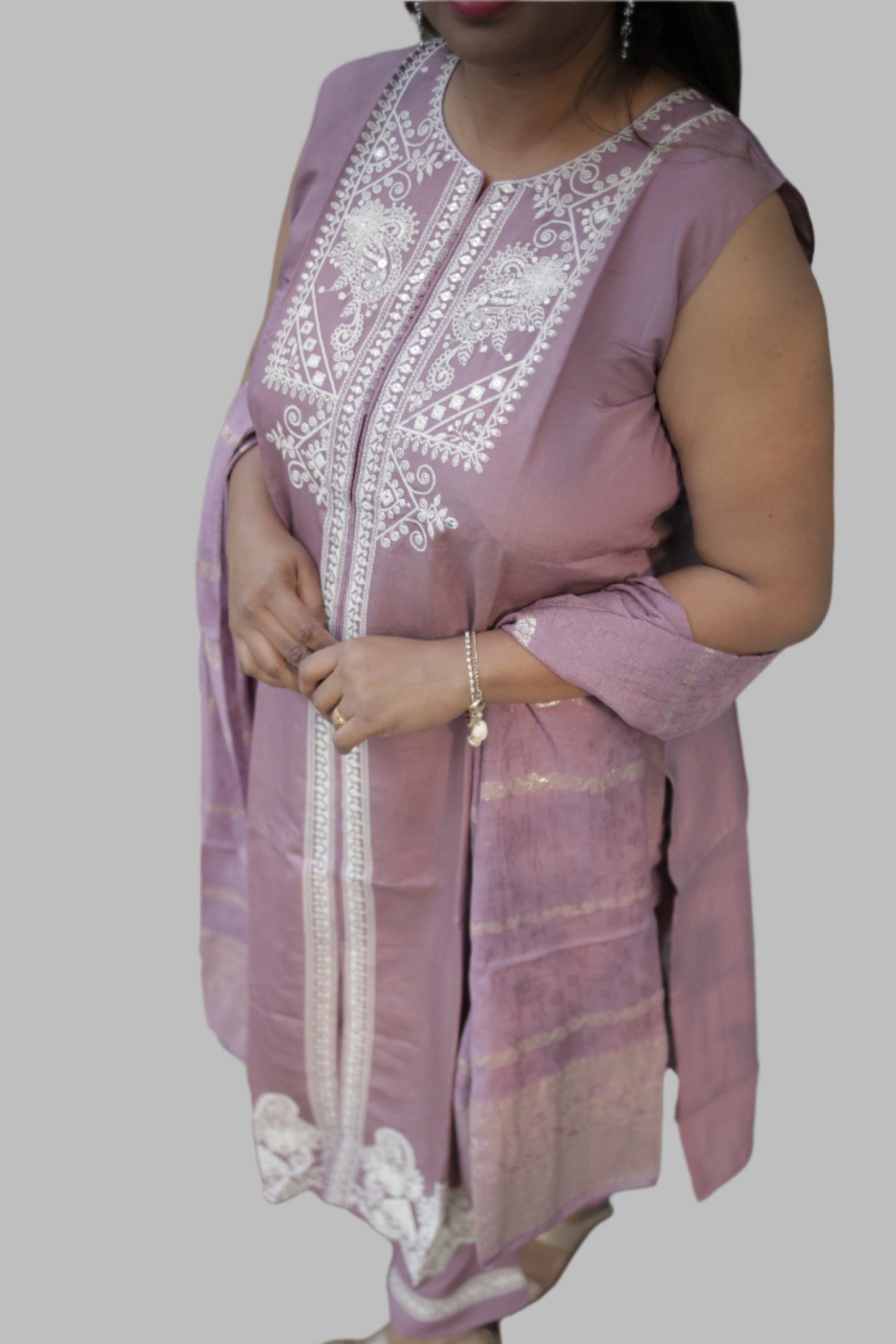 Shriyaani Mauve Embroidered Silk Straight Kurta With Palazzos & Dupatta