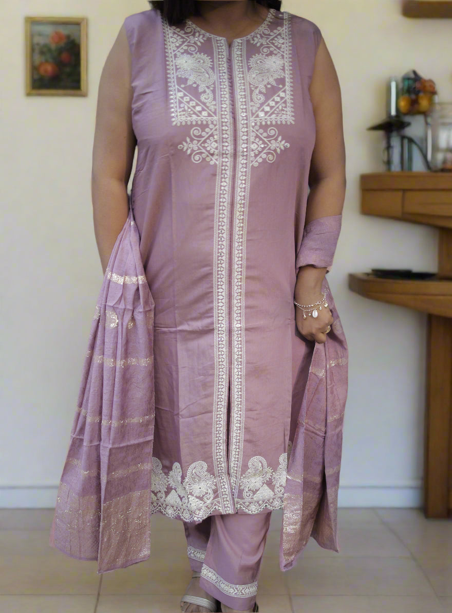 Shriyaani Mauve Embroidered Silk Straight Kurta With Palazzos & Dupatta