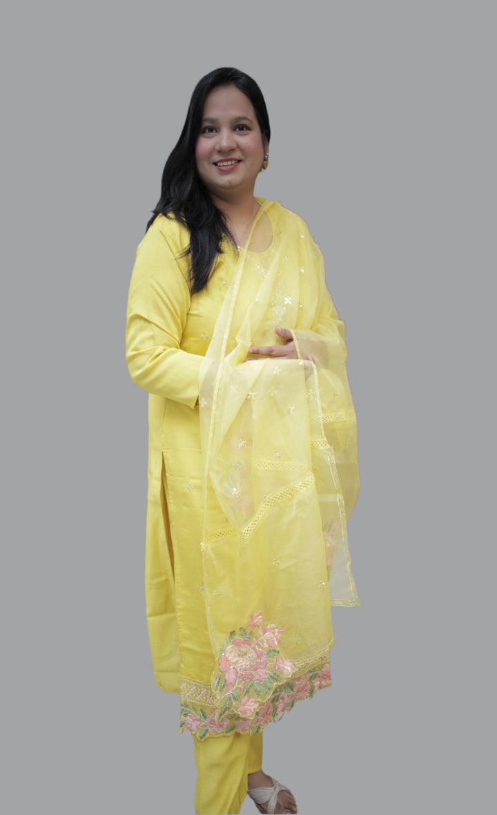 YELLOW SILK KURTA SET WITH PAKISTANI STYLE ORGANZA DUPATTA