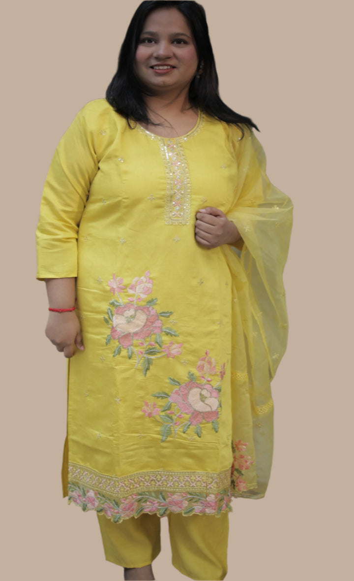 YELLOW SILK KURTA SET WITH PAKISTANI STYLE ORGANZA DUPATTA