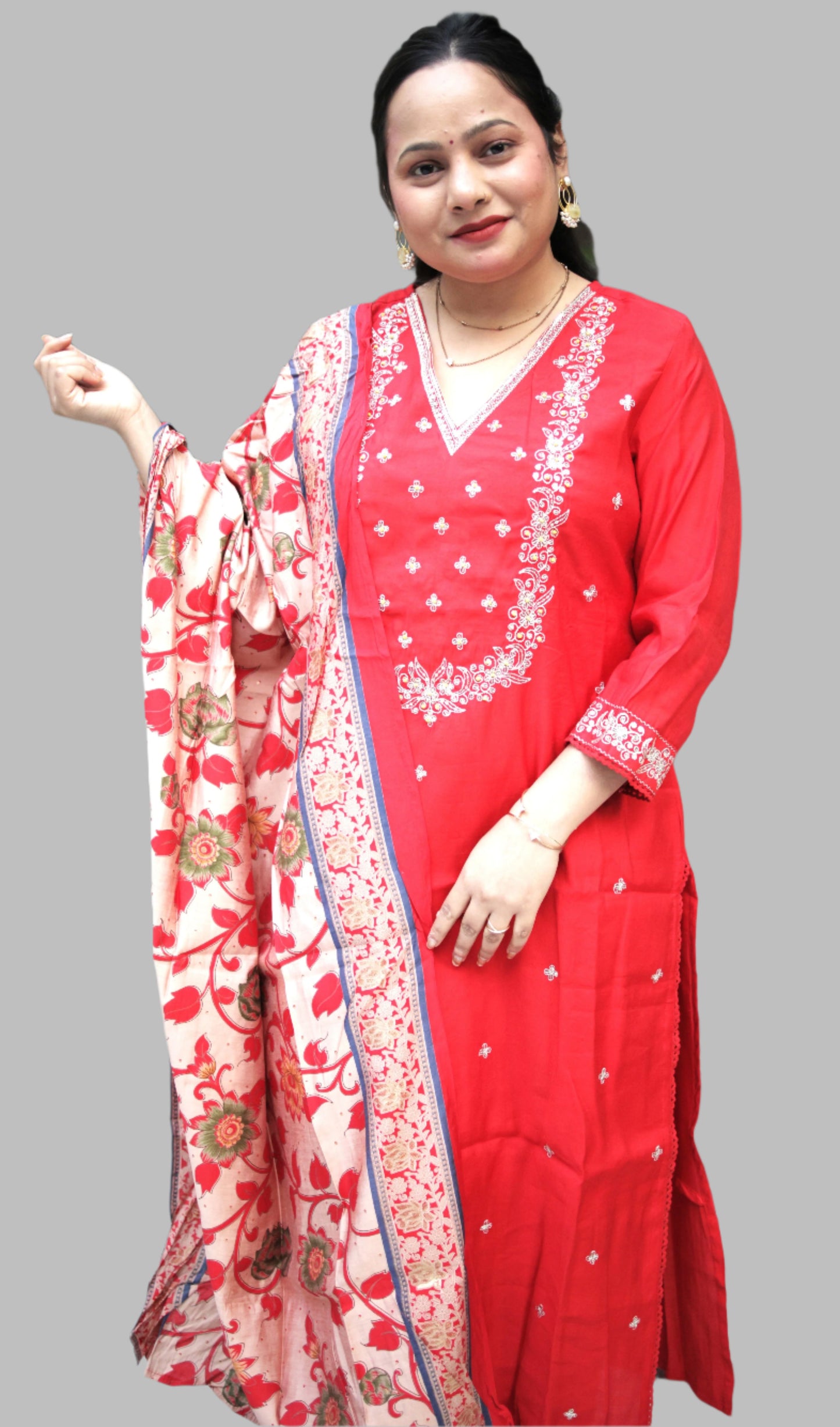 CLASSY RED SILK SUIT WITH PRINTED DUPPATA