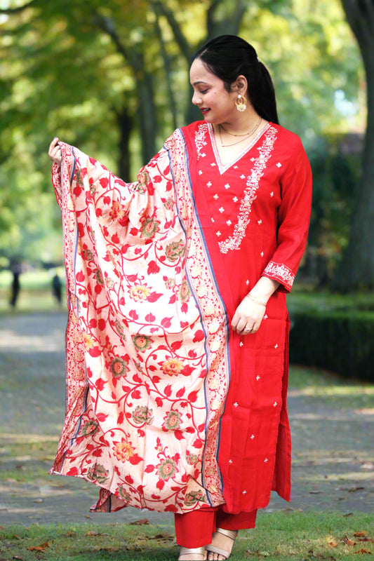 CLASSY RED SILK SUIT WITH PRINTED DUPPATA