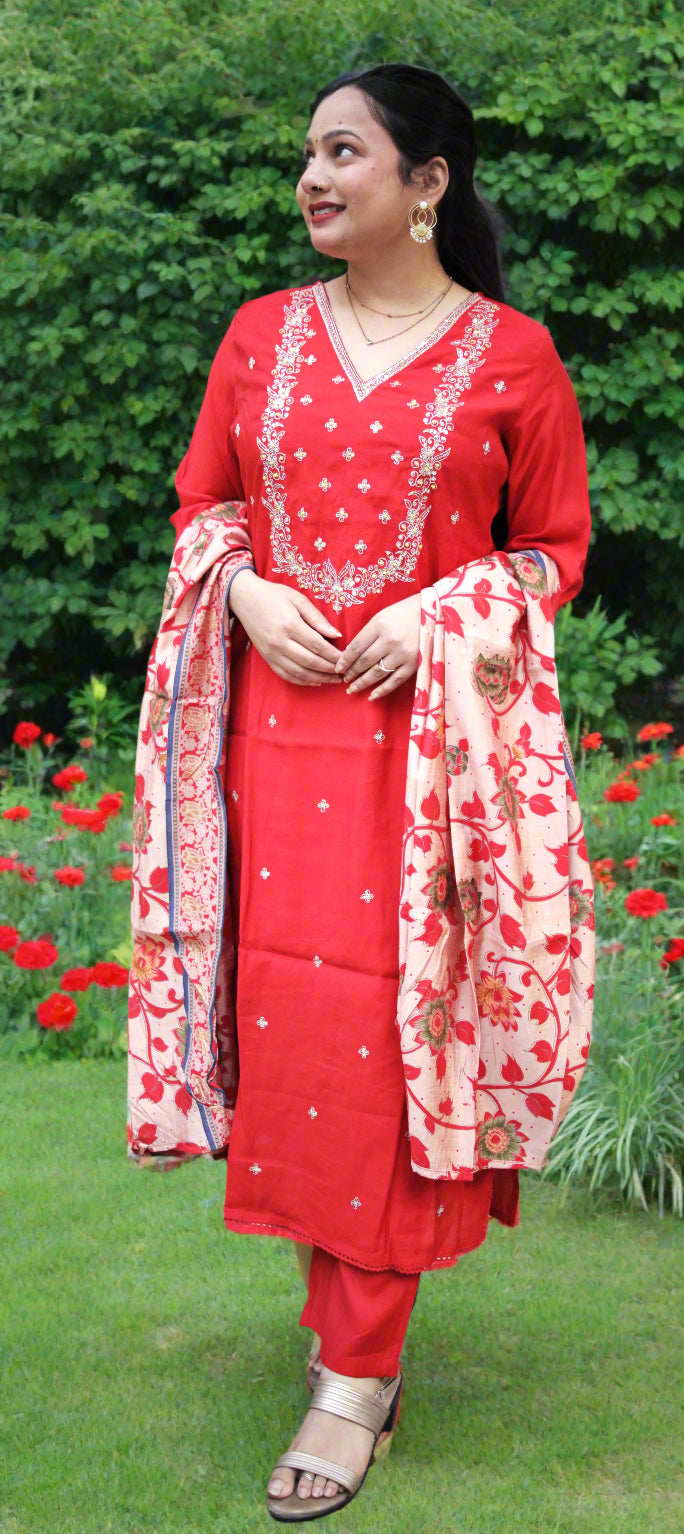 CLASSY RED SILK SUIT WITH PRINTED DUPPATA