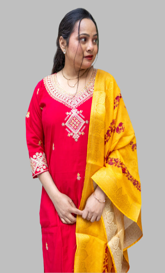 Red rani silk blend kurta set for party or office