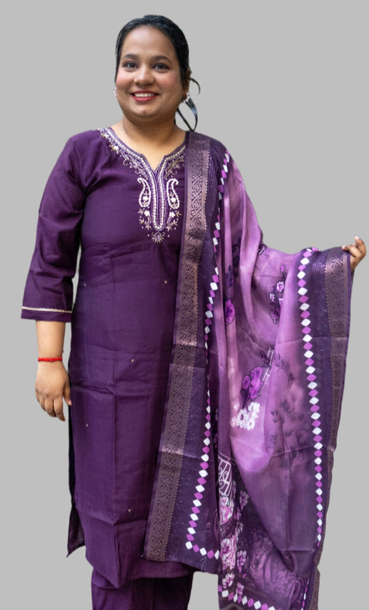 Shriyaani Purple silk Blend Kurta Pant Dupatta Set