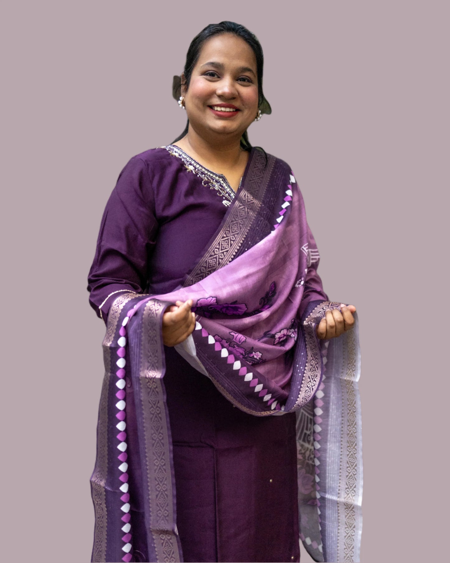 Shriyaani Purple silk Blend Kurta Pant Dupatta Set