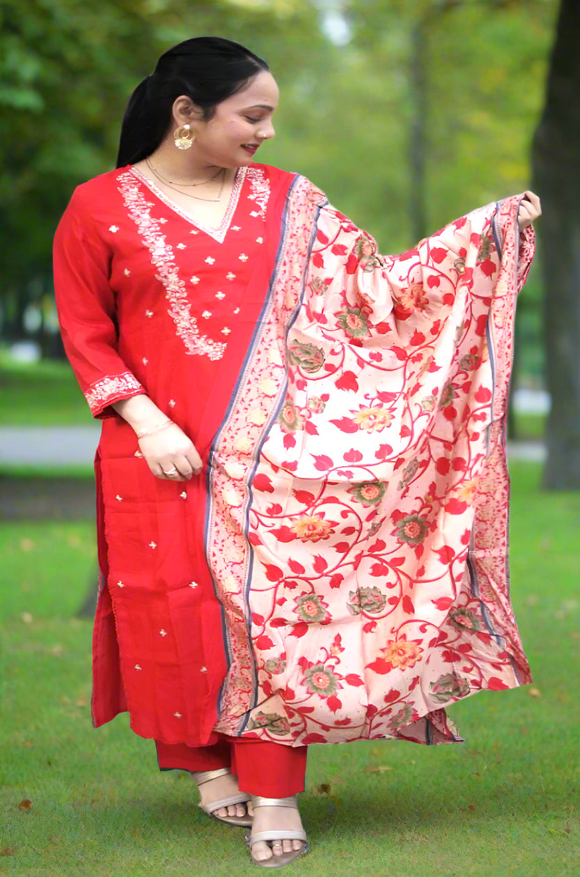 CLASSY RED SILK SUIT WITH PRINTED DUPPATA