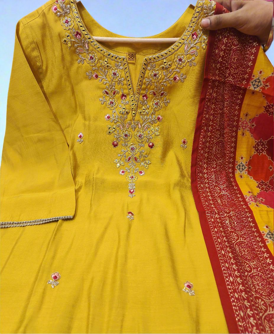 Yellow Embrioded Silk Duppta set