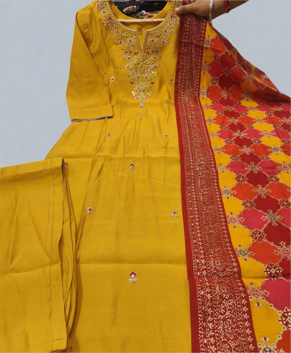 Yellow Embrioded Silk Duppta set