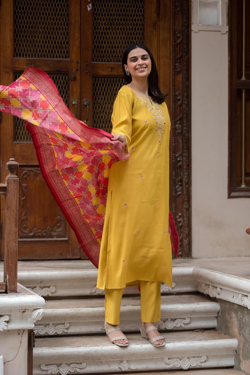 Yellow Embrioded Silk Duppta set