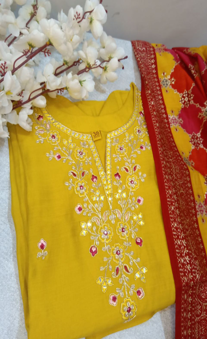 Yellow Embrioded Silk Duppta set